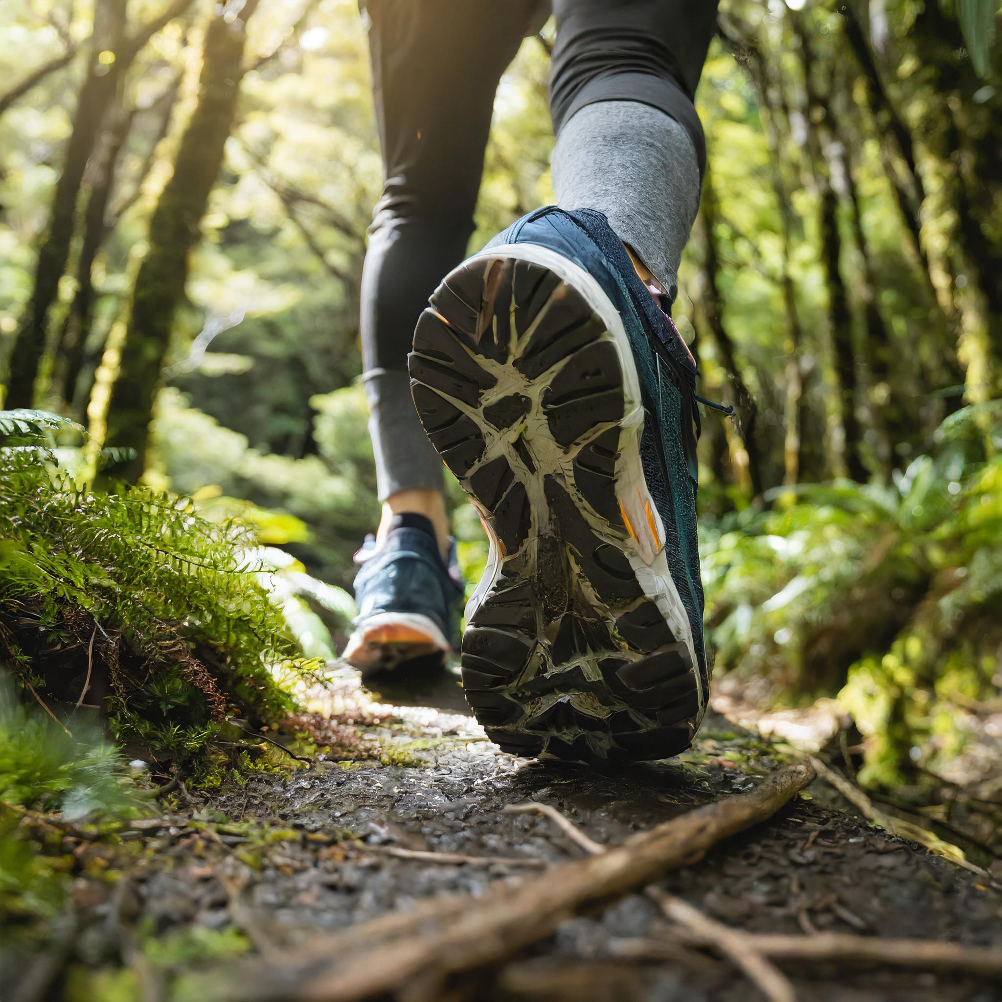a picture of the shoes and legs of someone who is running through a track in new zealand bush